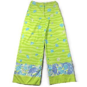 Lilly Pulitzer Vintage Pants Wide Leg Coastal Preppy Neon Green Blue Size 4 L187